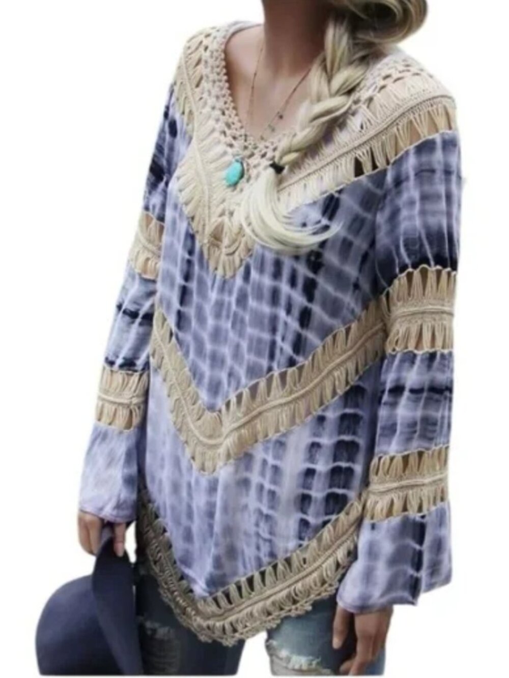 New Umgee Blue Tie Dye Crochet Top Womens XL Bell Sleeve Tunic Bohemian Festival